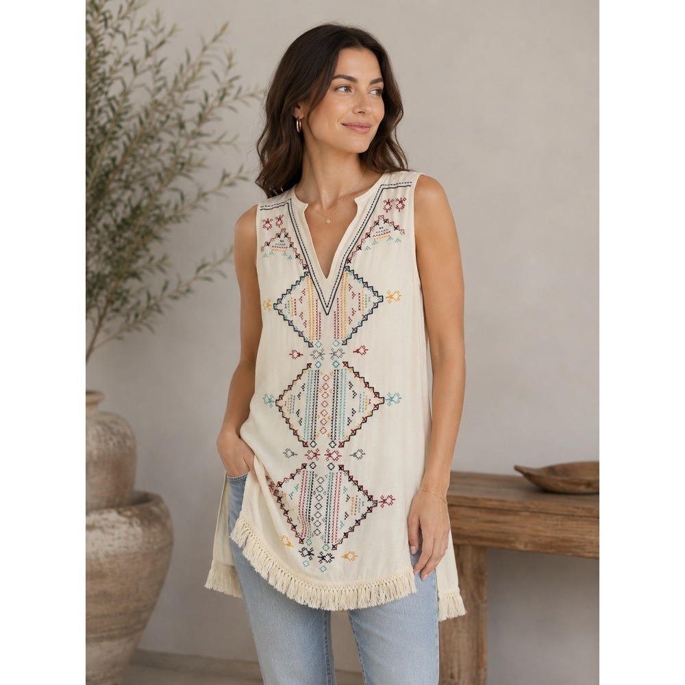 Knox Rose Tunic Top Women XL Cream Embroidered Fringe Boho Southwestern Tassel